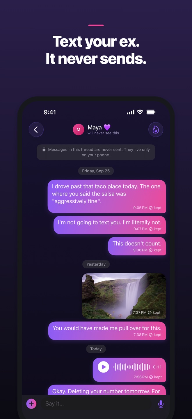An Unsaid thread to Maya: messages marked kept, and a banner saying messages in this thread are never sent