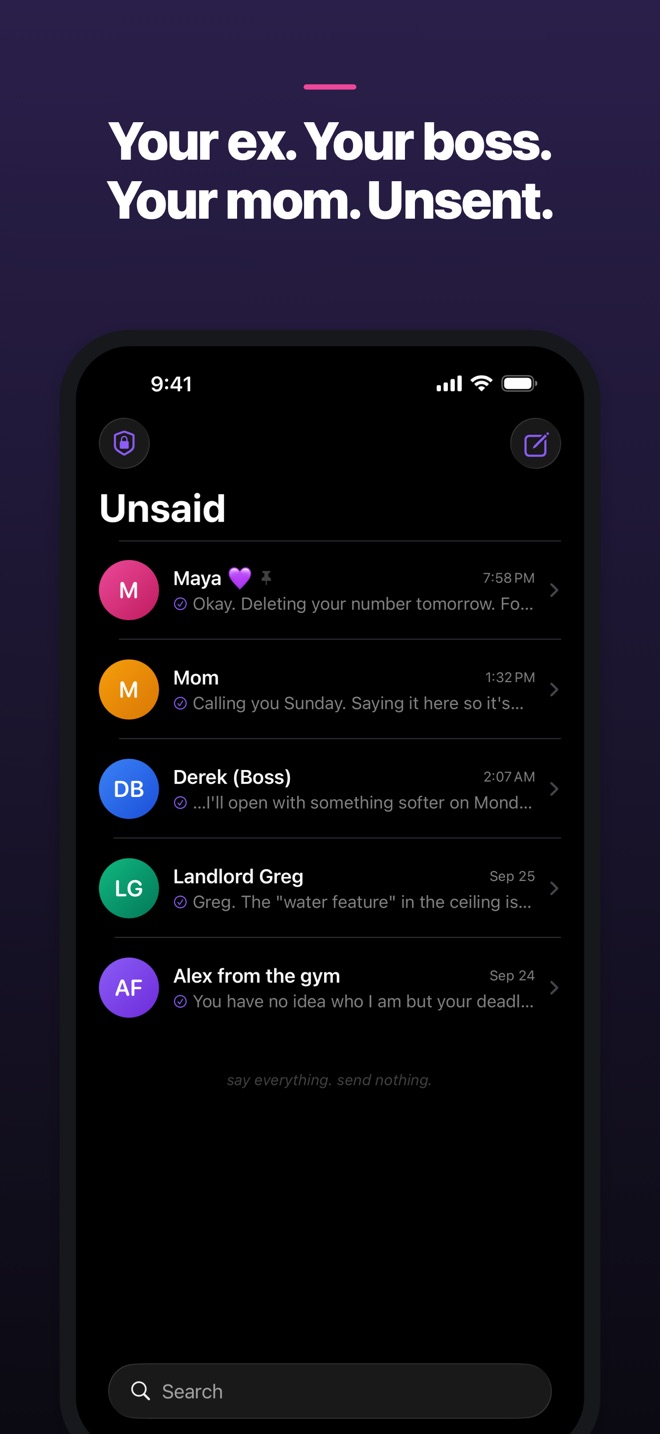 Unsaid's chat list with threads to an ex, a mom, a boss, a landlord and a gym acquaintance