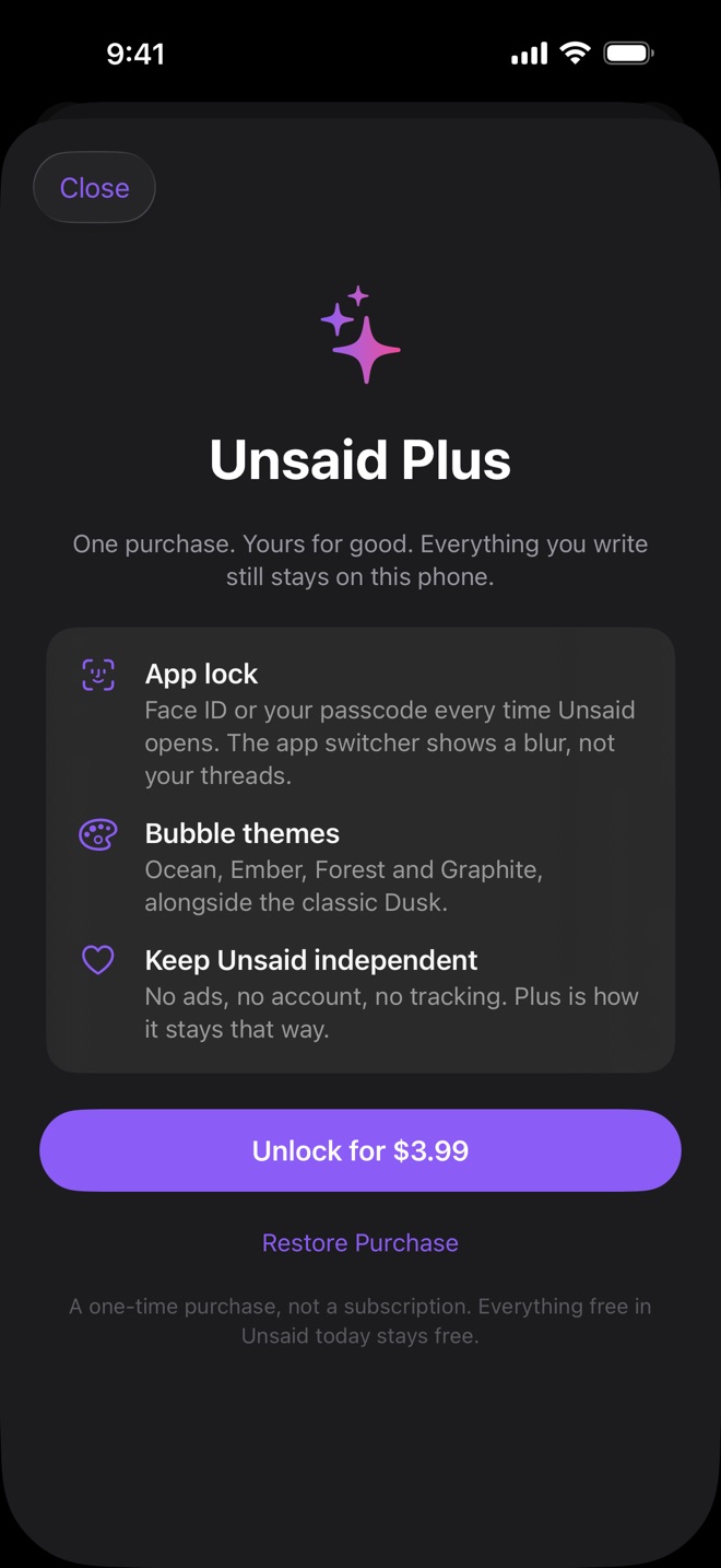 The Unsaid Plus screen: app lock with Face ID or passcode and bubble themes, unlock for $3.99
